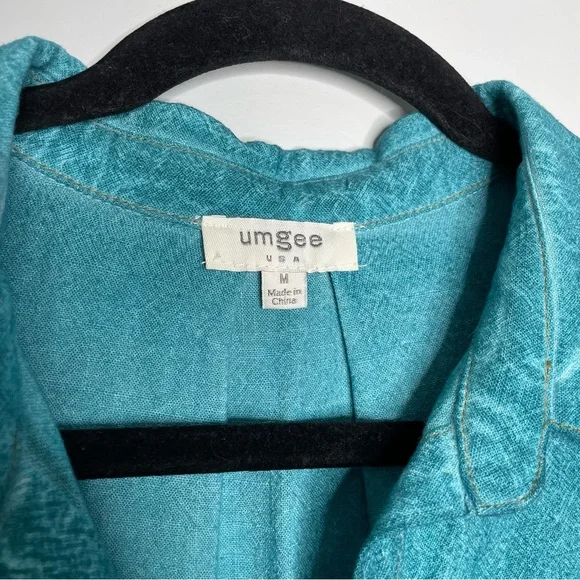 Umgee Button Down Linen Boyfriend Shirt Frayed Hem Mineral Wash Teal Blue Size M - Picture 3 of 5